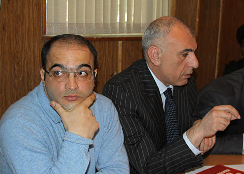 Einullah Fatullaev (on the left), editor-in chief of the "Real Azerbaijan" newspaper, and his advocate Isakhan Ashurov at the Garadag District Court of Baku. April 28, 2010. Photo by Turkhan Karimov for the "Caucsian Knot"