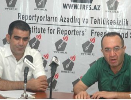 Rashid Gadjily, Director of the Institute of Media Rights (to the right) and his colleague Khalid Agaliev presenting the report on the situation with the freedom of media in the office of IMR. Baku, July 22, 2011. Photo by "Turan".