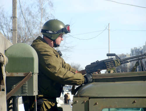 Reinforced police units in streets of Nalchik on the day of arrival of the Russian Interior Minister Rashid Nurgaliev, March 5, 2011. Photo from the official website of the Ministry of Internal Affairs of Kabardino-Balkaria (mvd-kbr.ru)