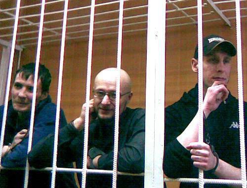 Defendants in the case on mass riots in Manege Square in December 2010 Kirill Unchuk, Ruslan Khubaev and Igor Berezyuk in the Tver District Court of Moscow before sentencing, October 28, 2011. Photo by Yulia Buslavskaya for the "Caucasian Knot"