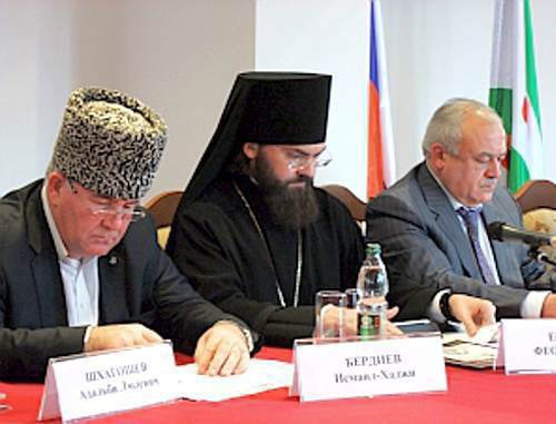 Participants of the third meeting of the members of the Public Council under the Plenipotentiary of Russian President in the North-Caucasian Federal District. Left to right: Mufti Ismail Berdiev, Bishop Theophylact, head of North Ossetia Taimuraz Mamsurov; Ingushetia, Djeirakh, October 21, 2011. Photo: http://skfo.gov.ru