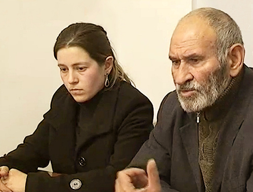 Gulnar Agaeva, the widow of Turadj Zeinalov and his father Shuriya Zeinalov at a press conference at the Institute for Reporters' Freedom and Safety (IRFS); Baku, December 5, 2011. Still from the video footage of the "Obyektiv TV Channel, www.obyektiv.tv