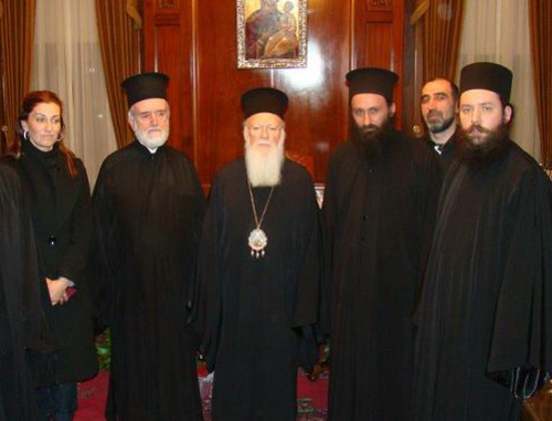 Meeting of the Ecumenical Patriarch with the Council of the Holy Metropolis of Abkhazia. Centre: Patriarch Bartholomew of Constantinople, third from the right – Archimandrite Dorotheus (Dbar), Chairman of the Holy Metropolis. Abkhazia, January 9, 2011. Photo by Angela Kuchuberiya for the "Caucasian Knot"