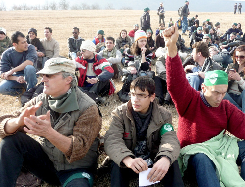 Activists-ecologists at the action in defence of the Tegut forest, Tegut village, Lori Region of Armenia, January 15, 2012. Photo by Armine Martirosyan for the "Caucasian Knot"