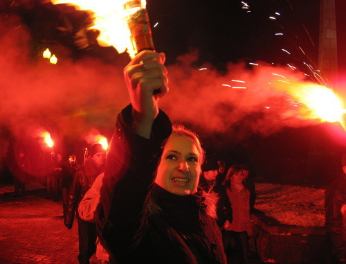 Participant of torch march of nationalists on the anniversary of Manege Square riots in Moscow after the murder of the football fan Yegor Sviridov, Volgograd, December 11, 2011. Photo by Vyacheslav Yaschenko for the "Caucasian Knot"