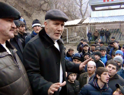 Village of Gimry Untsukul District of Dagestan. On January 14, 2012, the head of the village Aliaskhab Magomedov (center) speaks at a rally against the CTO (counterterrorist operation). Photo by Shamil Magomedov, http://gimry.ucoz.com