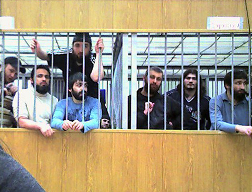 Defendants in the case about attack on Nalchik on October 13, 2005, at a court session, Kabardino-Balkaria, Nalchik, 2011. Courtesy of Maryam Akhmetova, a member of the Committee "Mothers of Kabardino-Balkaria in Defense of Human Rights and Freedoms"