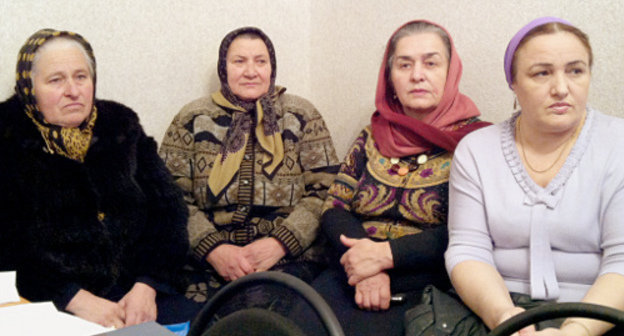 At presentation of the book by Alexander Cherkasov, "Fate Unknown" in Grozny; from right to left: Lilya Yusupova,  Lipkan Bazaeva, Aidani Idalova. February 15, 2012. The photo was provided by the participants of the meeting