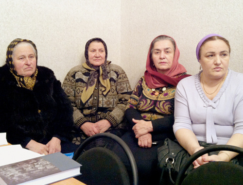 At presentation of the book by Alexander Cherkasov, "Fate Unknown" in Grozny; from right to left: Lilya Yusupova,  Lipkan Bazaeva, Aidani Idalova. February 15, 2012. The photo was provided by the participants of the meeting