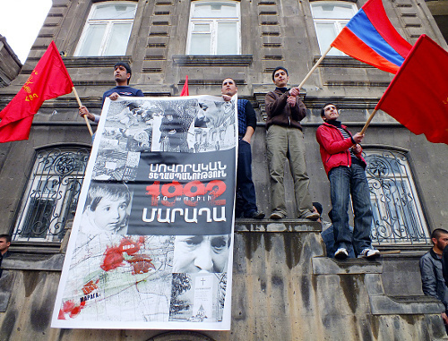 Participants of the action against the festival of Azerbaijani films in Giumri, April 11, 2012. Photo by Sergei Khachatryan