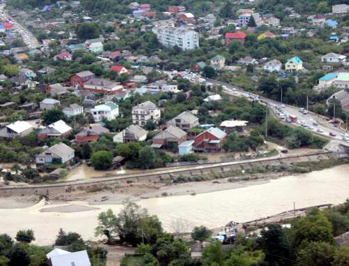 Top view of the flooded village of Novomikhailovsky, Tuapse District of the Krasnodar Territory, August 22, 2012. Courtesy of the press service of the Department for Krasnodar Territory of the Russian Ministry for Emergencies, www.23.mchs.gov.ru