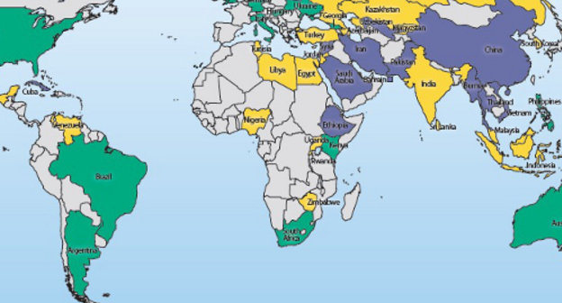 Fragment of the map of the freedom of the Internet in 2012, borrowed from the website of the human rights organization Freedom House: http://www.freedomhouse.org