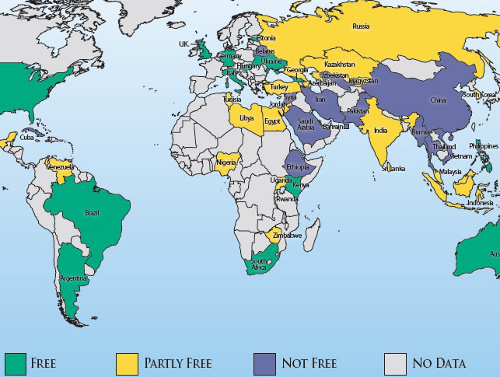 Fragment of the map of the freedom of the Internet in 2012, borrowed from the website of the human rights organization Freedom House: http://www.freedomhouse.org