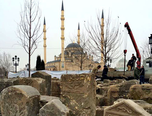 The gravestones monuments, which constituted the main part of the composition of the Memorial to victims of the deportation in 1944, are transferred to the territory of the complex, dedicated to the memory of the fallen employees of the Chechen power structures, located in Akhmat Kadyrov Square. Grozny, February 14, 2014. Photo by an eyewitness