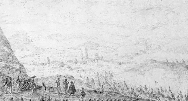 Fragment of picture "Attack on Aul of Abadzehs" (during Russian-Caucasian war). From Album of Tengin Regiment, page 47. Source: Moscow State Historical Museum. Borrowed from http://circassiangenocide.org