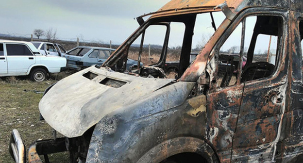 Burnt car of the members of the "Committee against Torture". March 10, 2016. Photo courtesy of Djambulat Ozdoev, Ombudsman of Ingushetia