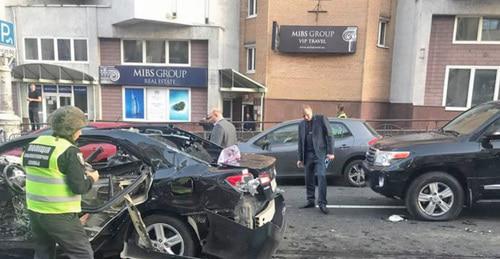 At the site where Timur Makhauri was killed in a car explosion, Kiev, September 8, 2017. Photo: RFE/RL