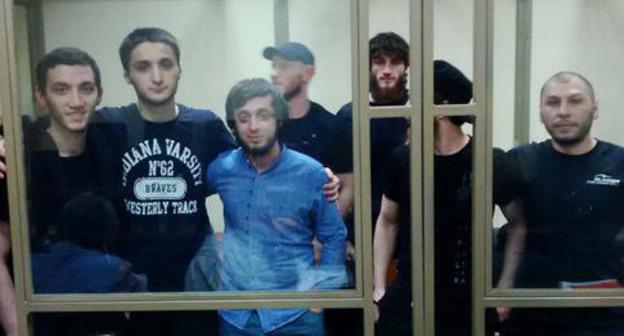 The defendants in the Caliphate case  Islam Shogenov, Kantemir Zheldashev, Ruslan Kipshiev, Zaur Tekuzhev, Ruslan Zhugov, Oleg Miskhozhev, and Arthur Karov (to the right). Photo courtesy of Ramzan Uzuev for the "Caucasian Knot"