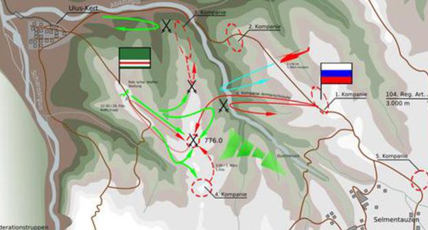 The map of the battle which took place on February 29-March 1, 2000, in the area of the village of Ulus-Kert in the Shatoi District. Photo: Alexpl https://ru.wikipedia.org