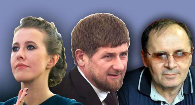 Ksenia Sobchak, Ramzan Kadyrov, and Oyub Titiev. Collage by the "Caucasian Knot". Photo: REUTERS/Maxim Shemetov, REUTERS/Sergei Karpukhin, Mariya Shischenkova, press service of the HRC "Memorial"