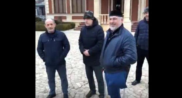 Screenshot of the video with Magomed Khambiev (first on the left) and Shaa Turlaev (third from right to left), posted by Ramzan Kadyrov on his page on the "VKontakte" social network