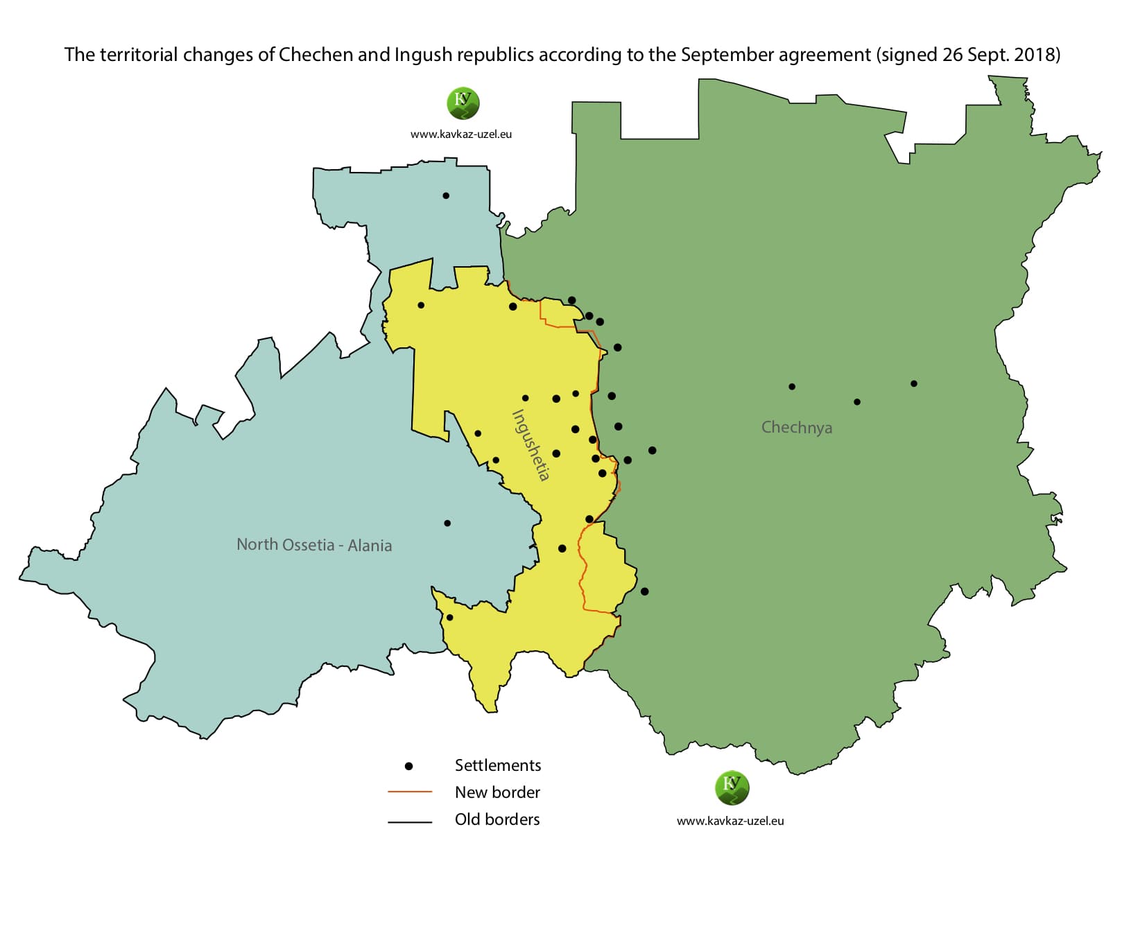 Territorial changes of Chechen and Ingush Republics according to the September agreement (signed 26 Sept. 2018). Map prepared by the Caucasian Knot