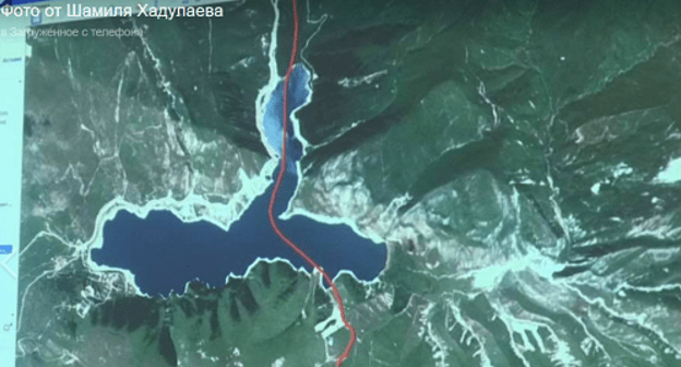 A map fragment with the border between  Dagestan and Chechnya across Lake Kezenoi-Am. Screenshot of a picture published on Shamil Khadulaev's page