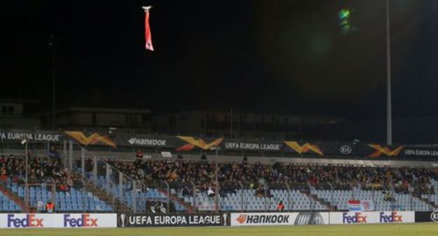 A drone appeared over the stadium during the match of the "Dudelange" (Luxembourg) and "Karabakh" (Azerbaijan) Football Clubs (FCs). Photo: Reuters / Francois Walschaerts