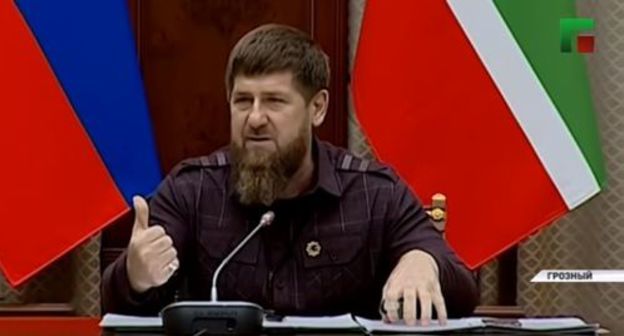 Ramzan Kadyrov at a meeting with the Chechen government, November 5, 2019. Screenshot from the video posted by ChGTRK 'Grozny' at https://www.youtube.com/watch?v=rPQzE5F2u0w