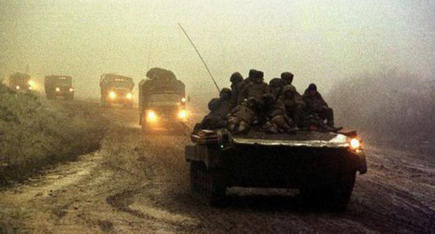 Russian military vehicles entering Tolstoy-Yurt. Photo by REUTERS