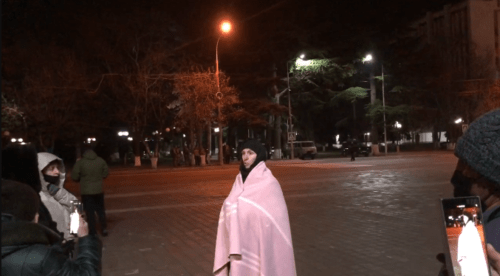 Oksana Sotieva (in the center) at a protest action in Tskhinvali on December 5, 2020. Screenshot of the video t.me/iron_bonvarnon/2906