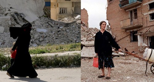 Aftermath of military conflicts in Syria (left) and Chechnya. Photo collage made by the Caucasian Knot. Photo: REUTERS/Khalil Ashawi, REUTERS/Stringer