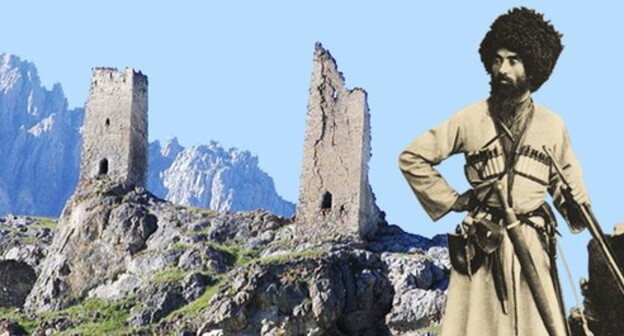 An Ossetian in North Caucasus in the 18th-century dress, Ramonov Vano (19th century). The Tsagaraev and Gabis towers. The village of Tsymyti, town of Khalgon, Kurtatinsky gorge, North Ossetia. Collage by the "Caucasian Knot". Photo: Ahsartag, public domain https://ru.wikipedia.org/