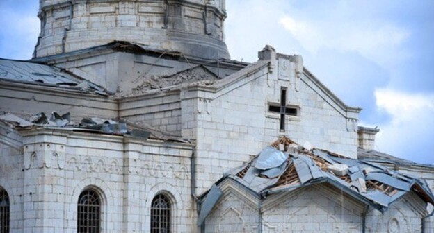 Destruction of the cathedral in the city of Shusha, October 8, 2020. Photo from the Facebook account of Araik Arutyunyan, the head of Nagorno-Karabakh https://www.facebook.com/ArayikHarutyunian/posts/620041545359889