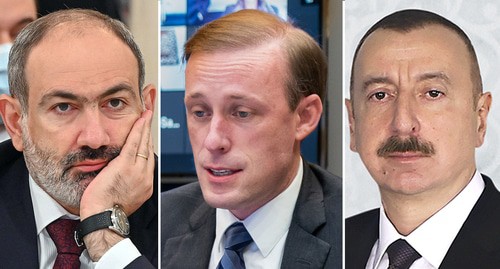 Nikol Pashinyan, Jake Sullivan, and Ilham Aliev. Photos: Tatarstan https://ru.wikipedia.org/wiki/Пашинян; National Security Council - https://ru.wikipedia.org/wiki/Салливан,_Джейк; press service of the Azerbaijani President. Collage by the "Caucasian Knot"