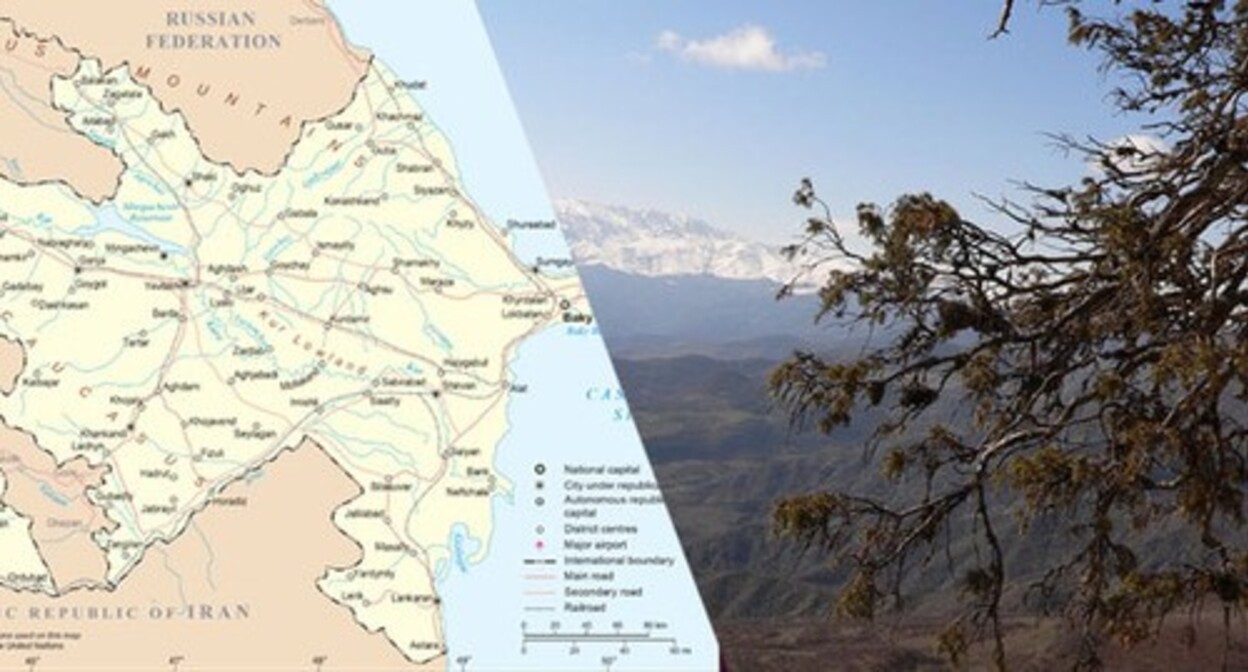 The map of Azerbaijan placed on the UN website; Syunik Province. Collage by the "Caucasian Knot". Photos: https://www.un.org/Depts/Cartographic/map/profile/azerbaij.pdf Yakovlev Sergey https://ru.wikipedia.org/