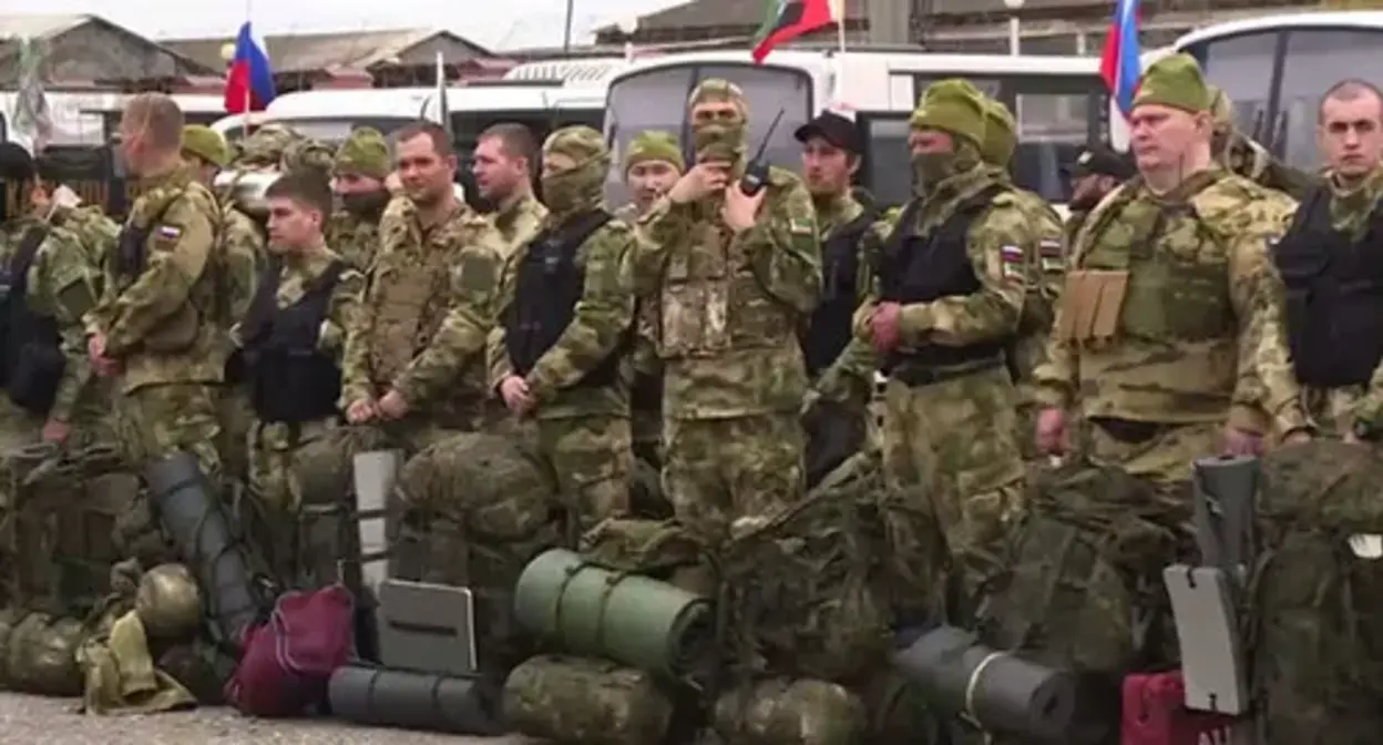 Chechen volunteers before going to Ukraine. Photo: Shamil Maziev, Grozny Inform news agency https://grozny-inform.ru/news/ukraina/139215/