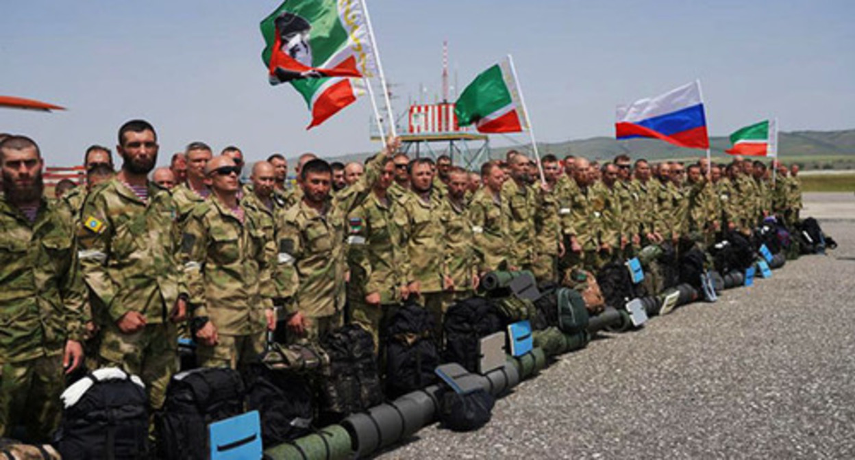 Volunteers from Chechnya before the dispatch to Ukraine. Photo: Shamil Maziev / Grozny Inform news agency