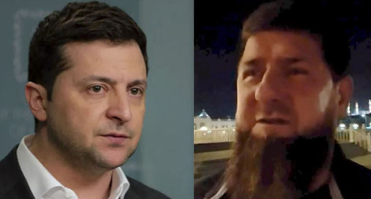 Vladimir Zelensky (on the left) and Ramzan Kadyrov during a video appeal. Screenshot of the video by  Kadyrov_95 Photo: CC BY-SA 4.0 / the Office of the President of Ukraine