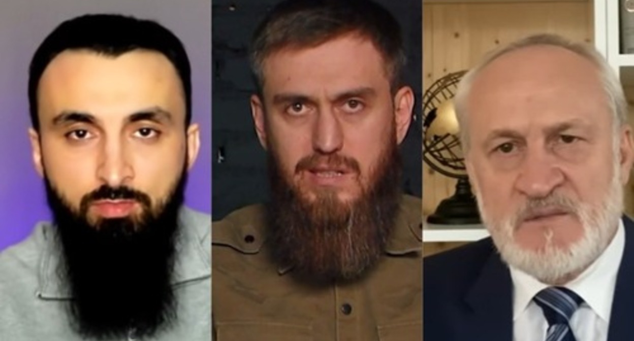 Tumso Abdurakhmanov, Chingiz Akhmadov, and Akhmed Zakaev. Screenshots of the videos posted on Akhmadov's Telegram channel and on the YouTube channels of Abdurakhmanov and Zakaev 