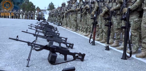 Chechen fighters in a formation line. Screenshot of the video published on Ramzan Kadyrov's Telegram channel on March 16, 2023 https://t.me/RKadyrov_95/3433