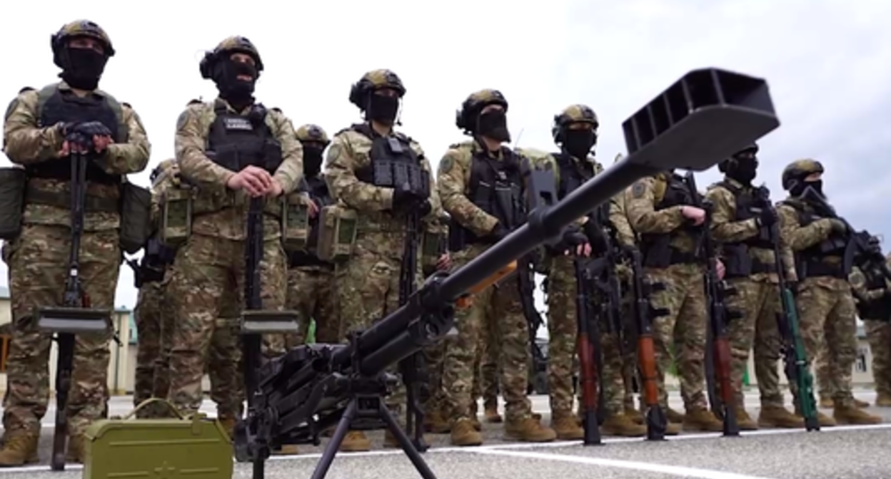 The "Akhmat-Grozny" OMON (riot police) Unit lined up. Screenshot of the video published on Ramzan Kadyrov's Telegram channel on May 13, 2023, https://t.me/RKadyrov_95/3629