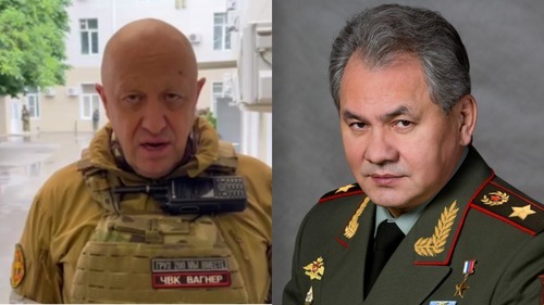 Prigozhin and Shoigu. Collage by the "Caucasian Knot." Screenshot of the photo https://мультимедиа.минобороны.рф/multimedia/photo/gallery.htm?id=18341@cmsPhotoGallery and still of the video https://t.me/Prigozhin_hat/3811