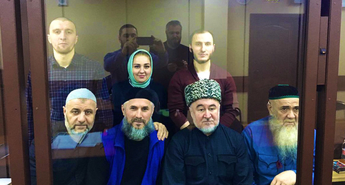 Barakh Chemurziev, Musa Malsagov, Malsag Uzhakhov, Akhmed Barakhoev, Zarifa Sautieva, Ismail Nalgiev, Bagaudin Khautiev in the courtroom. Photo by Kaloy Akhilgov https://twitter.com/akaloy/status/1359464677521170432