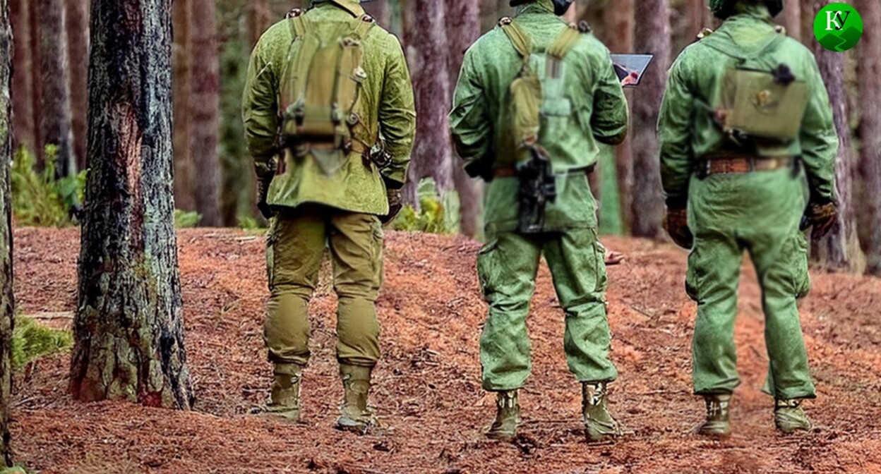 Militaries standing in a forest. Picture made in Photoshop by the "Caucasian Knot"