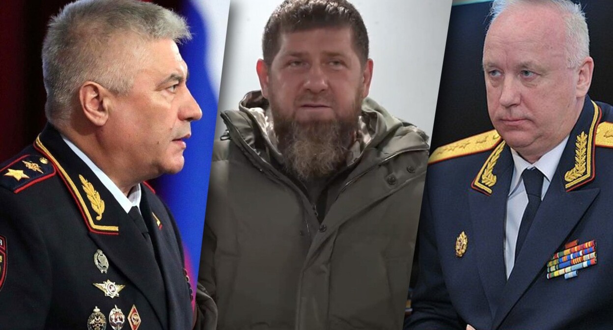 Vladimir Kolokoltsev, Ramzan Kadyrov and Alexander Bastrykin. Collage by the "Caucasian Knot". Photos: http://kremlin.ru Screenshot of a video: https://t.me/RKadyrov_95