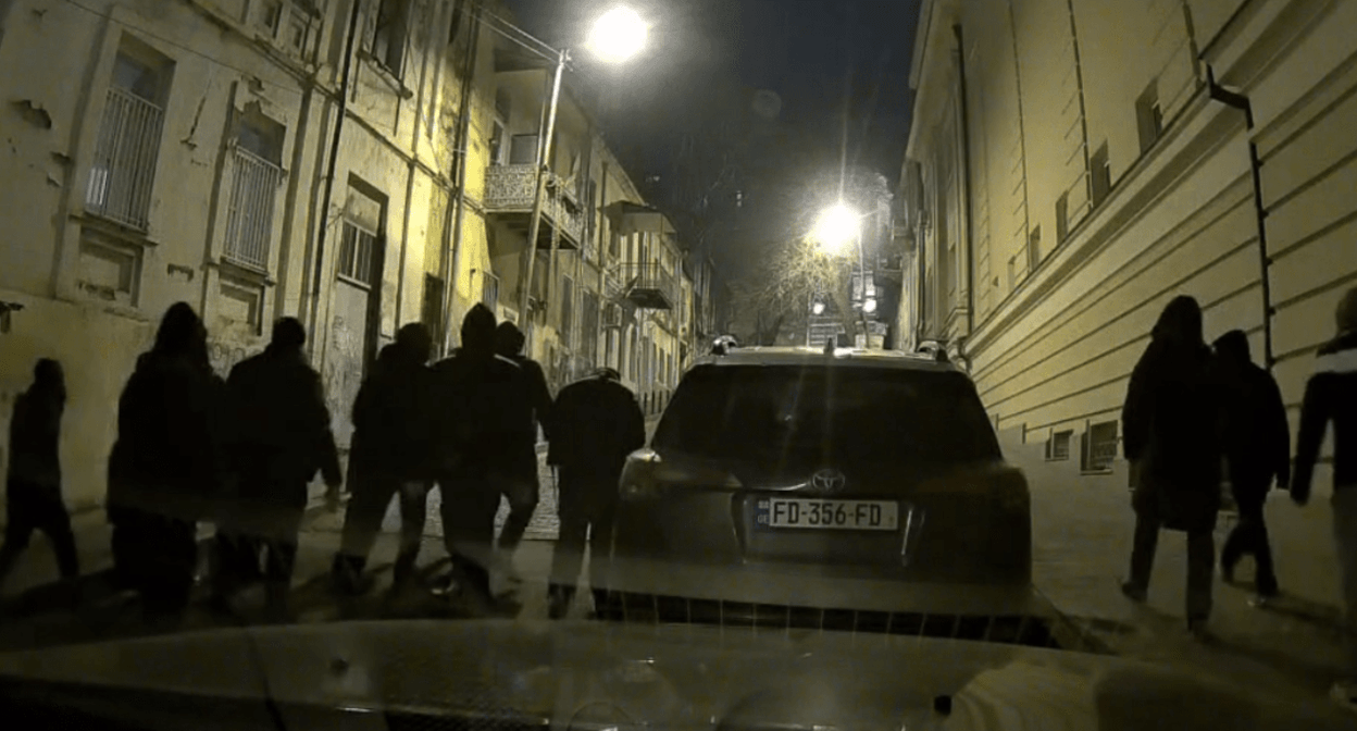 A dashboard camera captured one of the groups of attackers in Tbilisi. Screenshot of a video posted on Nikolay Levshits' Telegram channel on December 7, 2024, https://t.me/nlevshitstelegram/20921