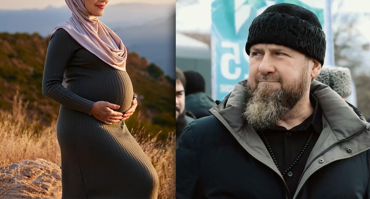 A pregnant woman and Ramzan Kadyrov. Collage by the "Caucasian Knot". Screenshot of a video: https://t.me/RKadyrov_95/5394 Picture made in Photoshop by the "Caucasian Knot"