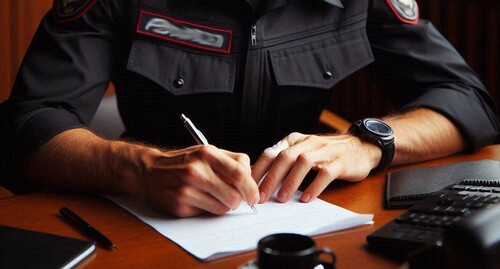 A police officer institutes a criminal case. Picture made in Photoshop by the "Caucasian Knot"