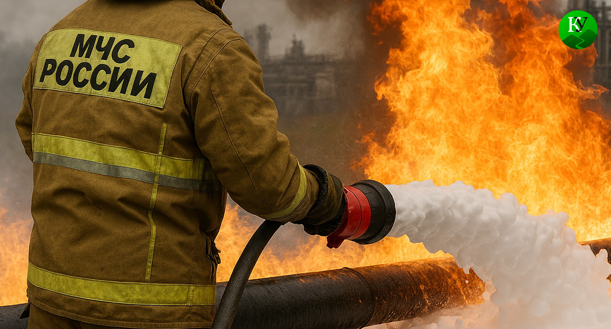 A firefighter extinguishes a fire at an oil depot. This illustration was created by Caucasian Knot using AI in the Copilot program. A firefighter extinguishes a fire at an oil depot. This illustration was created by Caucasian Knot using AI in the Copilot program.